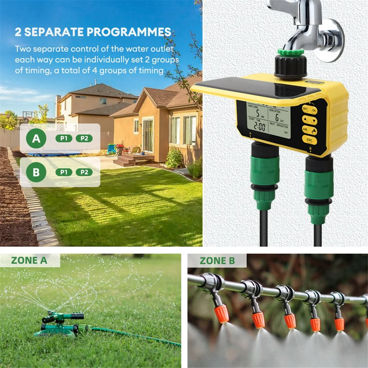 ABXHH 2 منافذ سقي السيارات الري شحن الطاقة الشمسية الرقمية صمام المياه بالرش تحكم للحديقة في الهواء الطلق