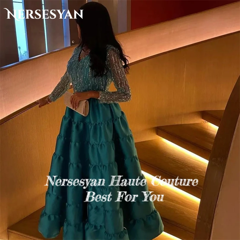 Nersesyan Glitter Satin Formal Evening Dresses Sequins Tulle Long Sleeves Party Gowns V-Neck A Line Draped Vestidos De Fiesta