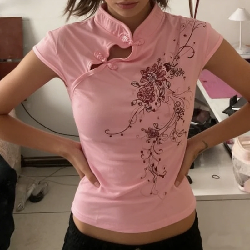 Women European American Summer New Style Chinese Style Floral Print Slanted Plate button Slim Fit Short Sleeve T-shirt Short Top
