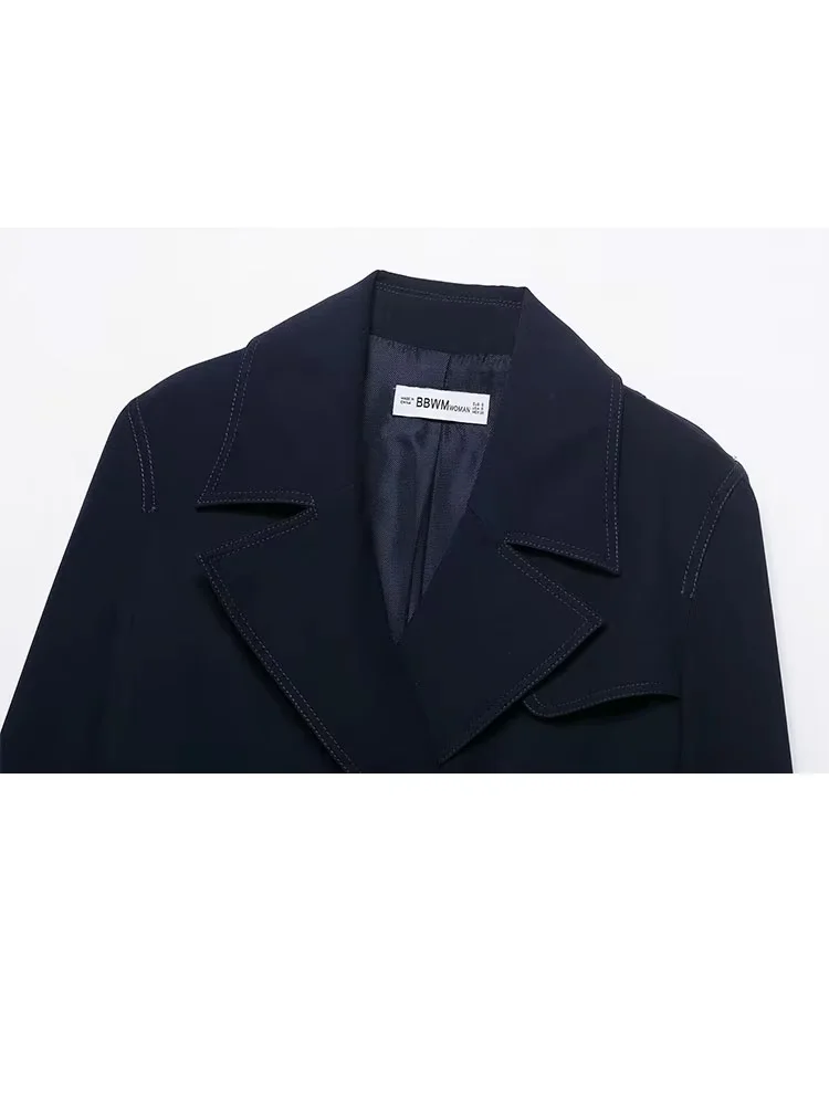 Hh feminino outono high street jaquetas sólido turn-down colarinho bolsos duplo breasted moda feminina mangas compridas casacos 2025