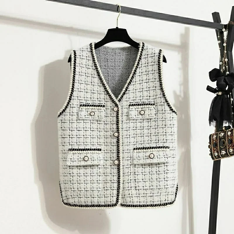 Women V-neck Tweed Sleeveless Vest Female Splicing Together Waistcoat Top Autumn Lady Lmitation Mink Fur Vest Jacket