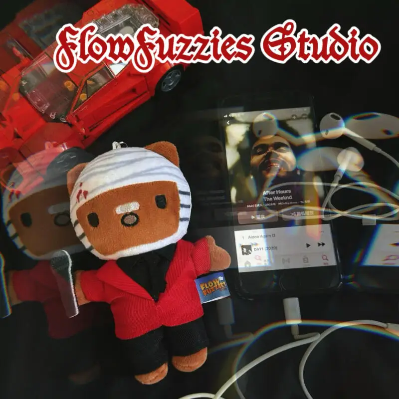 Flowfuzzies Studio 오리지널 트렌드 시리즈 The Weeknd-Kittys 짧은 봉제 인형 열쇠 고리 열쇠 고리 인형 모델 펜던트 장난감 선물