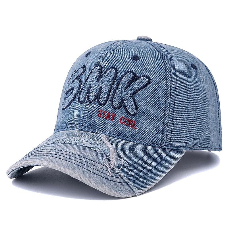 Hot Sale Unisex Washed Cotton Raw Hem Baseball Cap Distressed Hat SMK Letter Embroidery Outdoor Sports Dad Hat For Men And Women