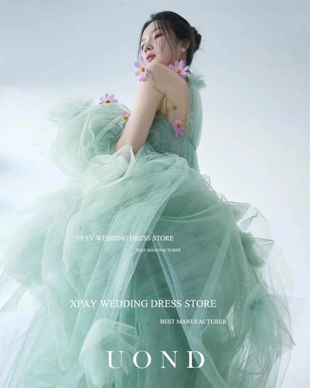 XPAY Fairy Green Tulle Korea A Line Evening Dresses Halter Ruffles Pleats Sleeveless Formal Gown Photo Shoot Wedding Party Dress