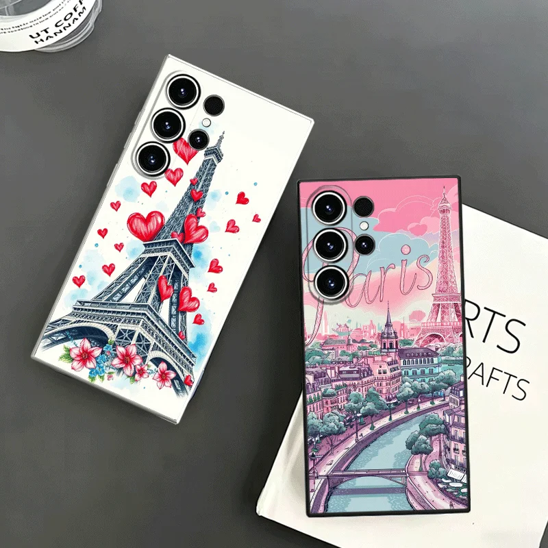 France Eiffel Tower Paris Soft Phone Case For Samsung S24 S25 S26 Ultra S23 S22 Plus S21 S20 FE Edge + Black White Couple Cover