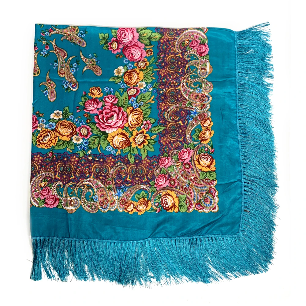 Lenço quadrado com estampa floral russa para mulheres, tamanho grande, xale com franja, russo tradicional, polonês, envoltórios de cabeça, polonês,