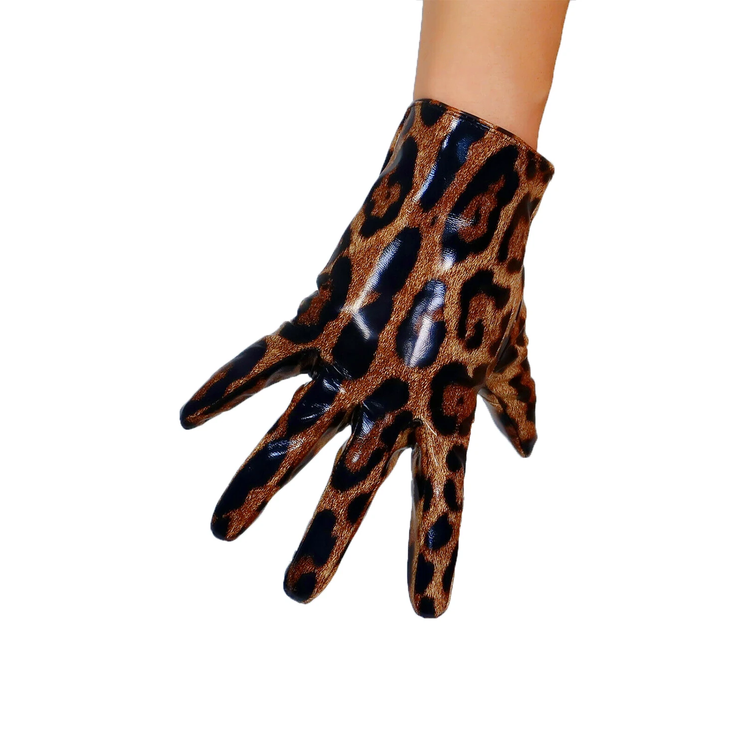 

DooWay Women's Patent Leather GLOVES Short Wrist Shine Brown Leopard Wild Animal Skin Faux LATEX Christmas Fashion Evening Glove