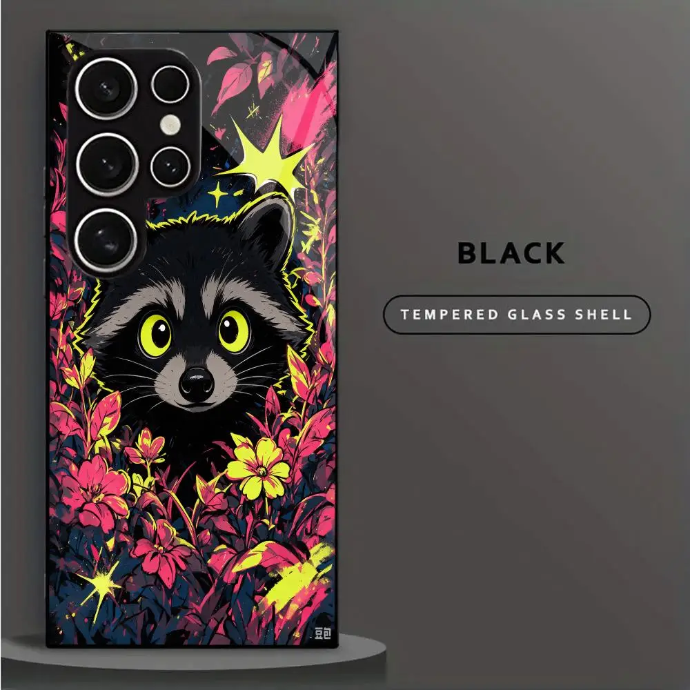 Cute Pop Art Raccoon Colorful Print glass phone case Shockproof All-Protect cover for Samsung Galaxy S26/25/24/23/22/21/Ultra/FE