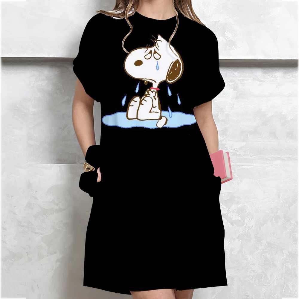 Women's summer casual Snoopy print loose size round neck short sleeved T-shirt dress New Fashion Printed Round