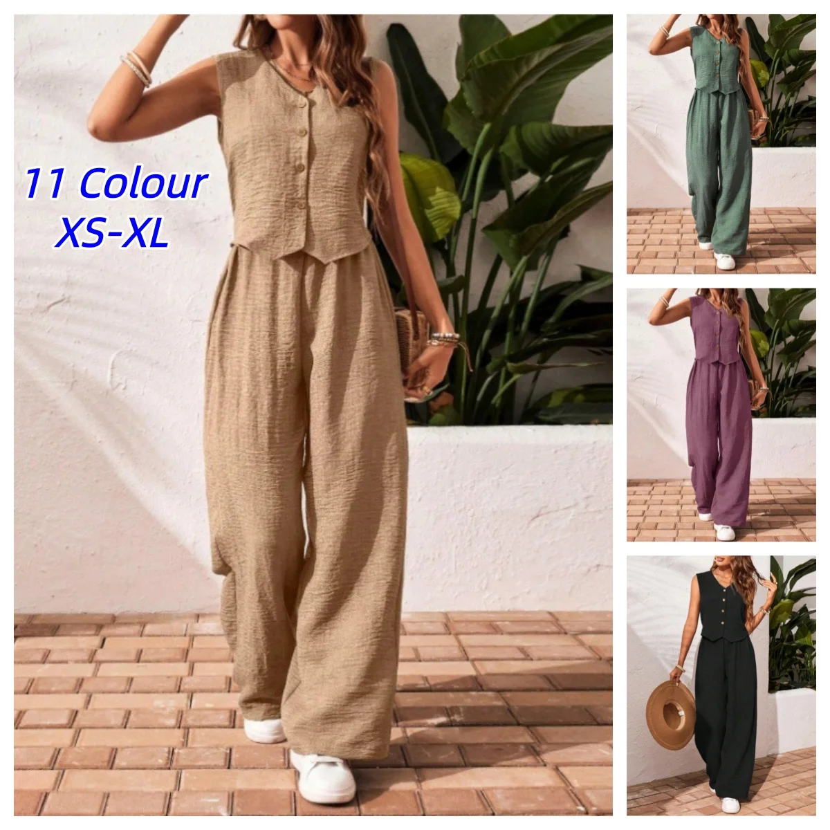 

Summer Cotton Linen Women V-Neck Vest Front Button Trousers Casual Suit Women Short Vest Top + Pants Two Peice Sets Tracksuits