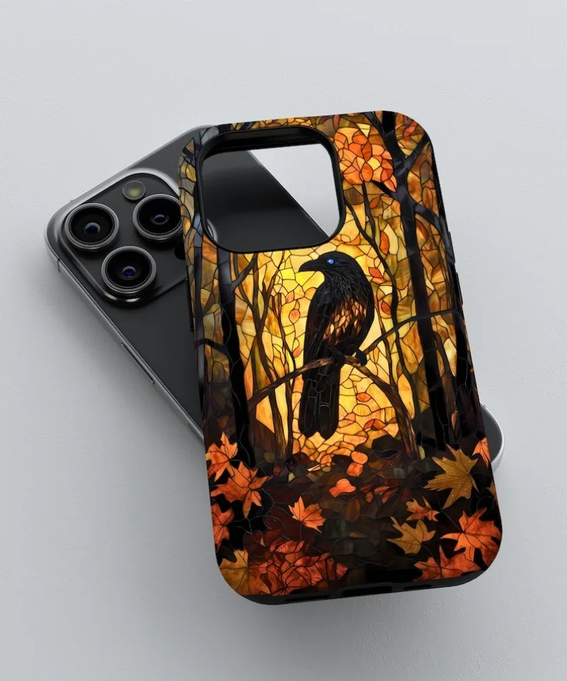 Gothic Fall Raven Faux Phone Case For IPHONE 16 15PRO MAX 14 13 12 11 Acrylic TPU Two in one magnetic Phone Cases