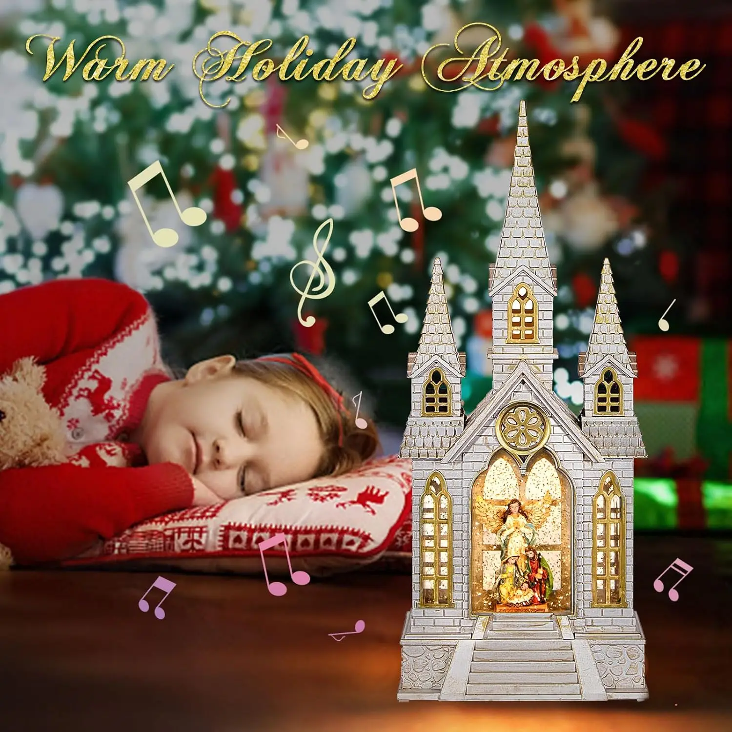 16-Inch Lighted Musical Church Snow Globe, Nativity Water Lantern Featuring Holy Family and Angel, 6-Hour Timer, USB or Battery Operated