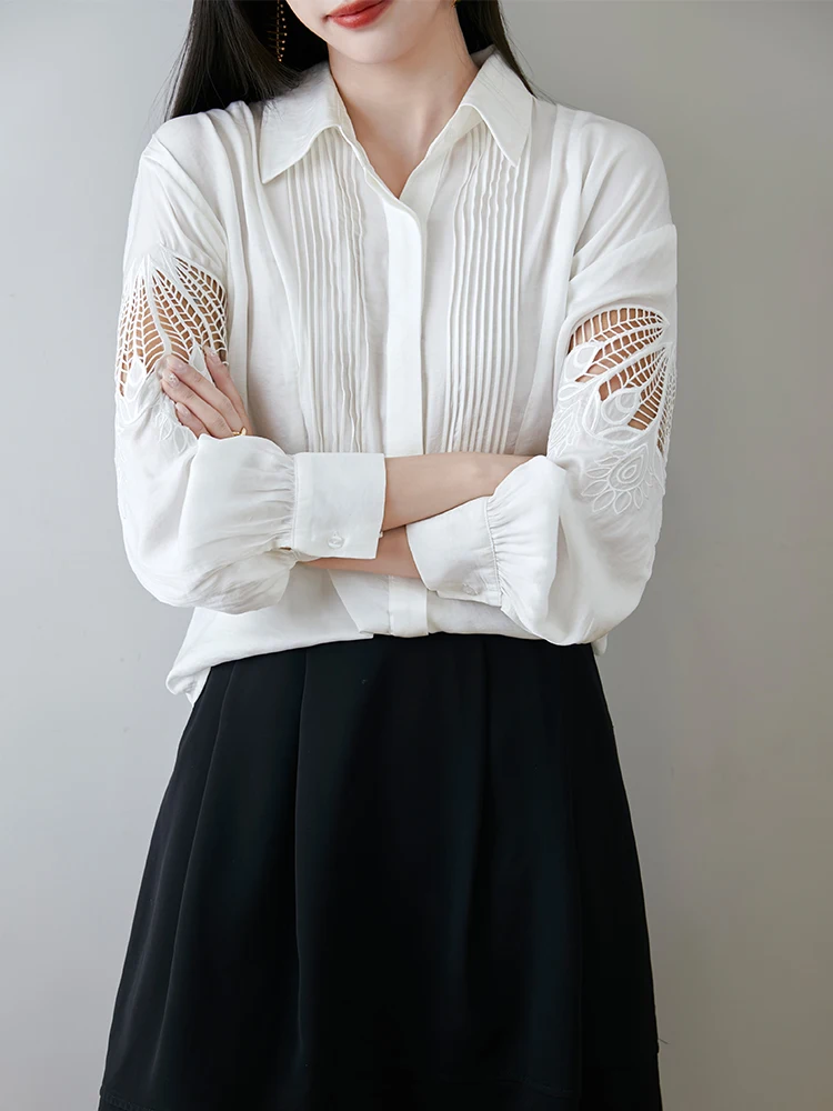 Long-sleeved Shirt for Women Blouse 2025 Spring New Versatile Loose Top Milk Silk Embroidered Temperament Polo Collar Cardigan
