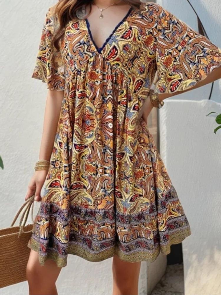 Summer Boho Retro Mini Dress Women Floral Print Beach Female V Neck Short Sleeve Dress Ladies Casual Loose Holiday Dress