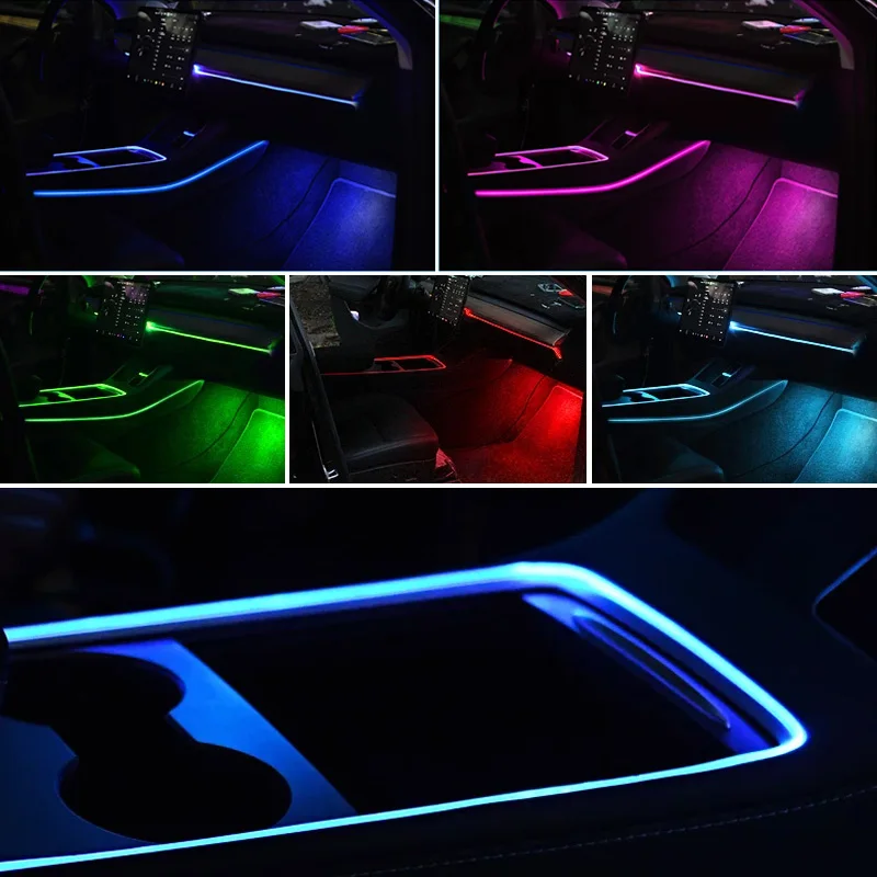 For Tesla Model 3 Model Y LED Interior Car Neon Lights Center Console Dashboard Light Ambient Lighting Fiber Optic APP Control