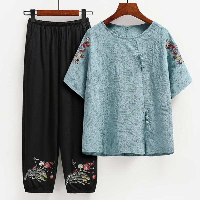 Middle-aged Mother\'s Summer Clothing Suit Cotton Linen Short-sleeved T-Shirt Capri Pants Sets For Women 2 Pieces Outfit XL-5XL