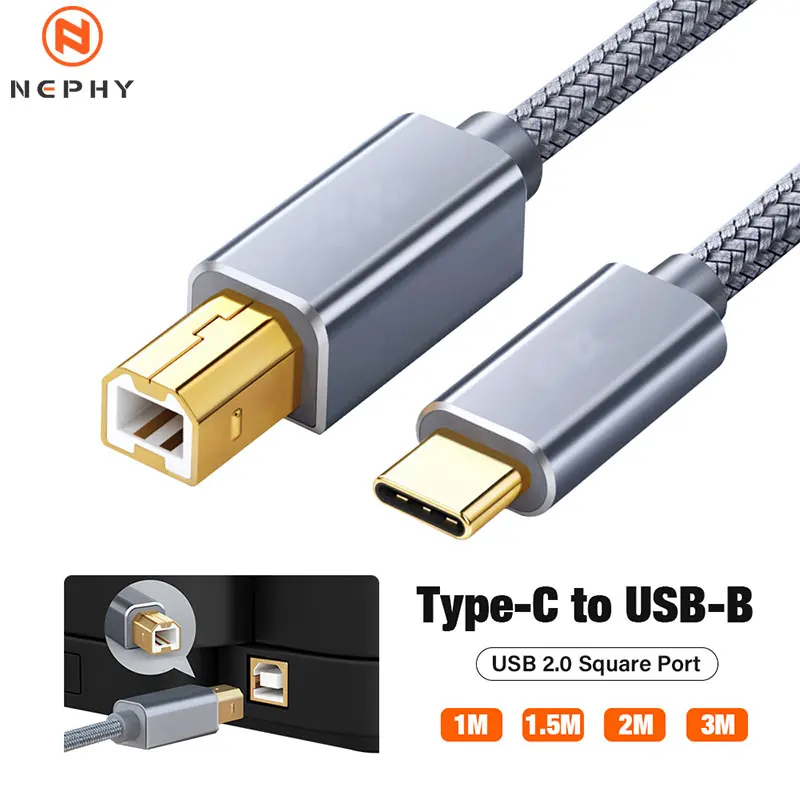 USB C to USB B 2.0 Printer Cable Braided Printer Scanner for Epson HP Canon Brother MacBook Pro Samsung MIDI Controlle Cable 3M