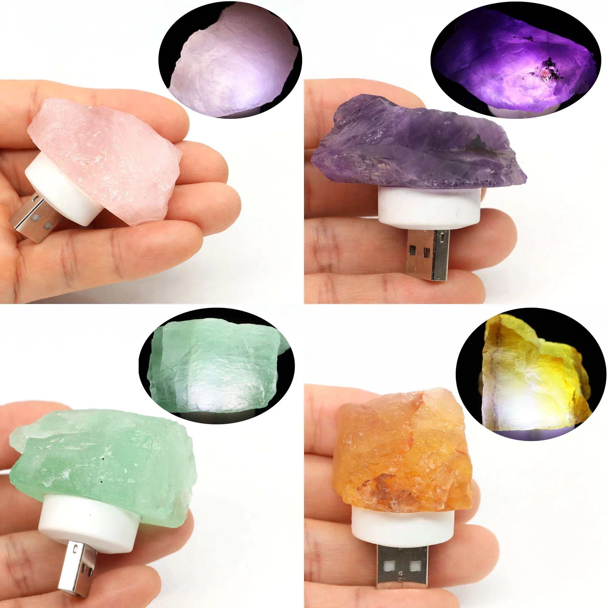 Natural Irregular Crystals Stone USB Light Rose Quartz Amethyst Raw Minerals Small Night Lamp Reiki Healing Bedroom Home Decor