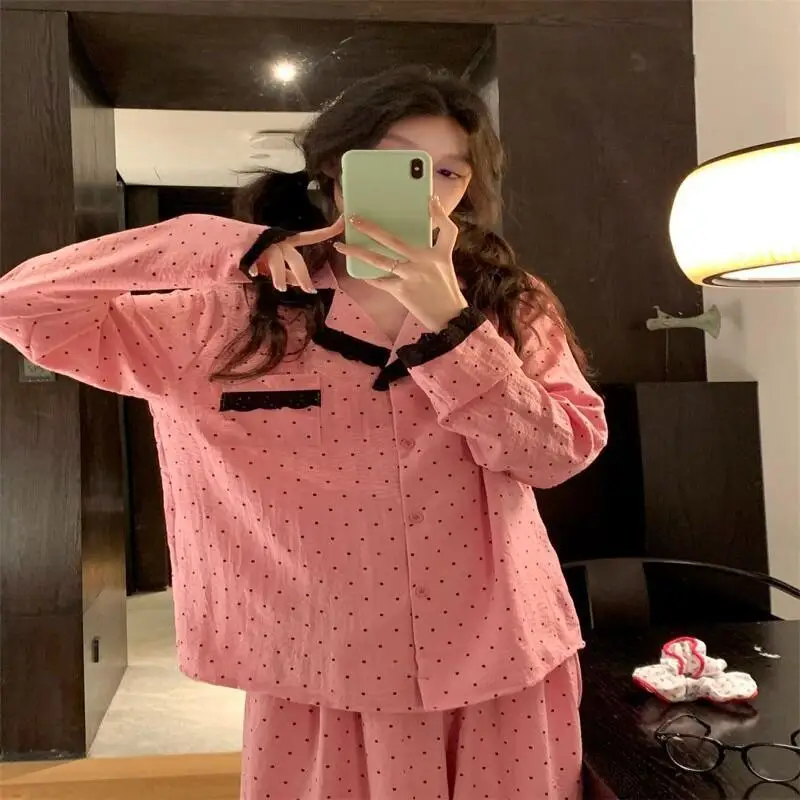 

Sweet Style Polka Dot Pajamas for Women Spring and Autumn New Trousers Lace Korean Style Student Dormitory Home Clothes Set Hot