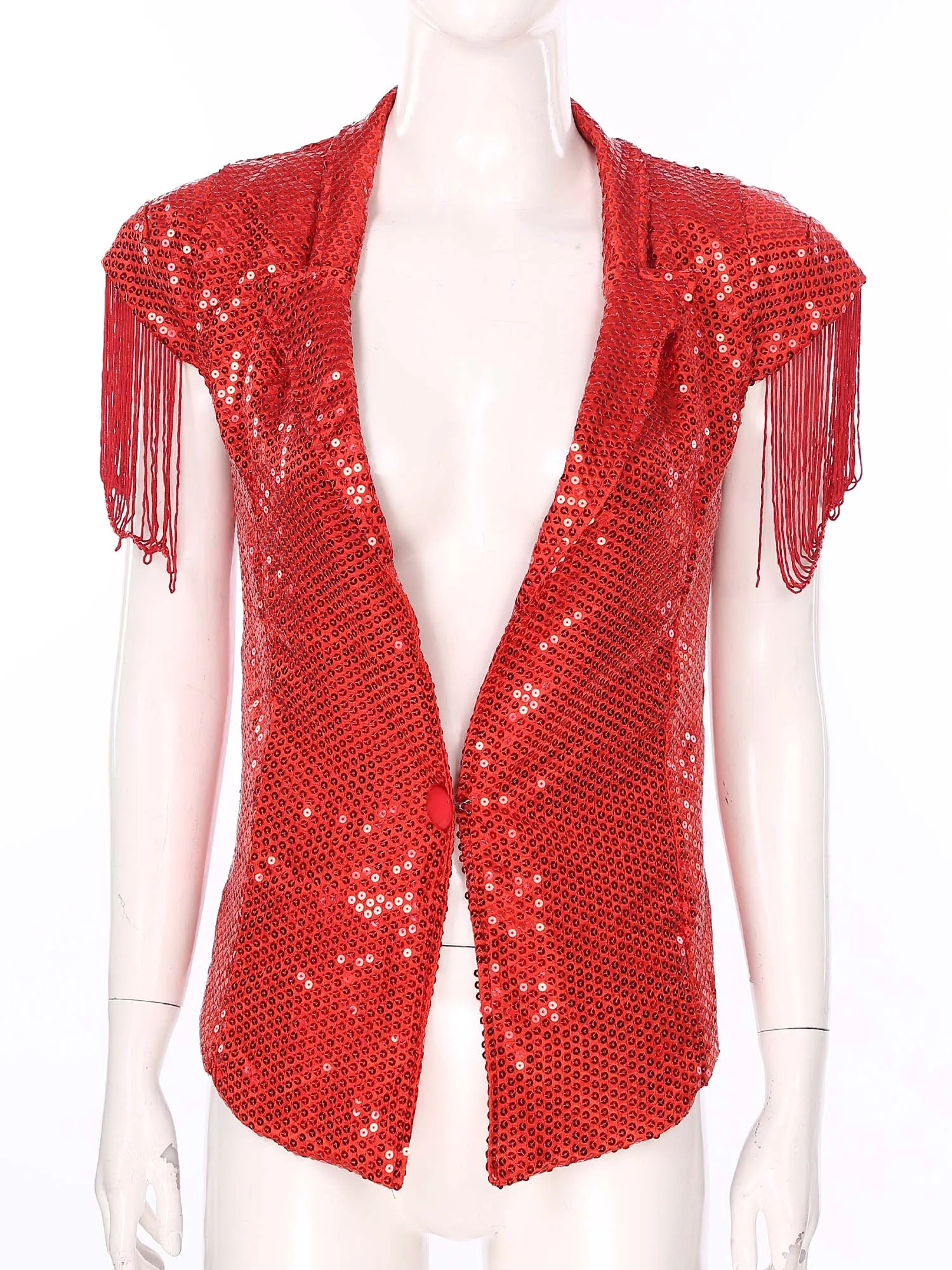 Womens Sparkly Sequins Jacket Waistcoat 70s 80s Disco Lapel Cap Sleeve Tassels Blazer Tops Jazz Dance Stage Performance Costume