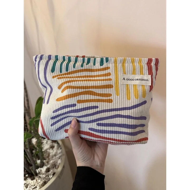 Corduroy Colourful Striped Women Cosmetic Bag Large Small  Makeup Storage Bag Travel Organizer Zipper Drawstring Wash Bag Pouch