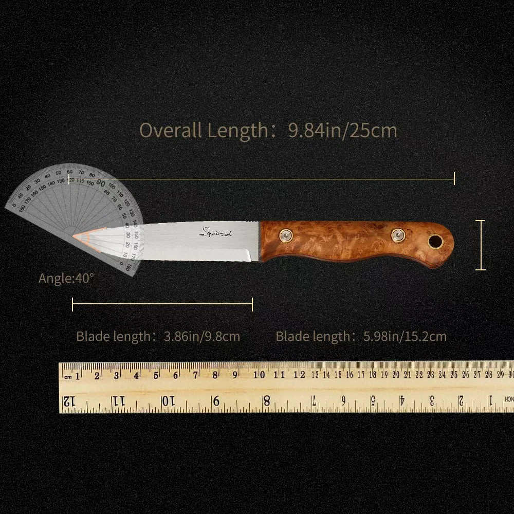 Fixed Blade Knife AUS-8 Steel, Outdoor Camping Bushcraft Survival Tool, Birdseye Maple Burl Handle Red G10 Inlay, Leather Sheath