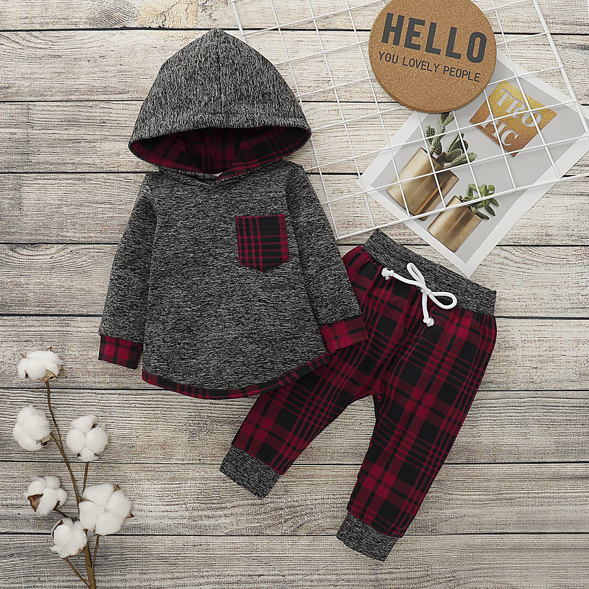 2PCS Baby Boys Casual Cute Stitching Long Sleeve Hooded Sweatshirt & Plaid Pants Set With Red Plaid Print For Autumn And Spring