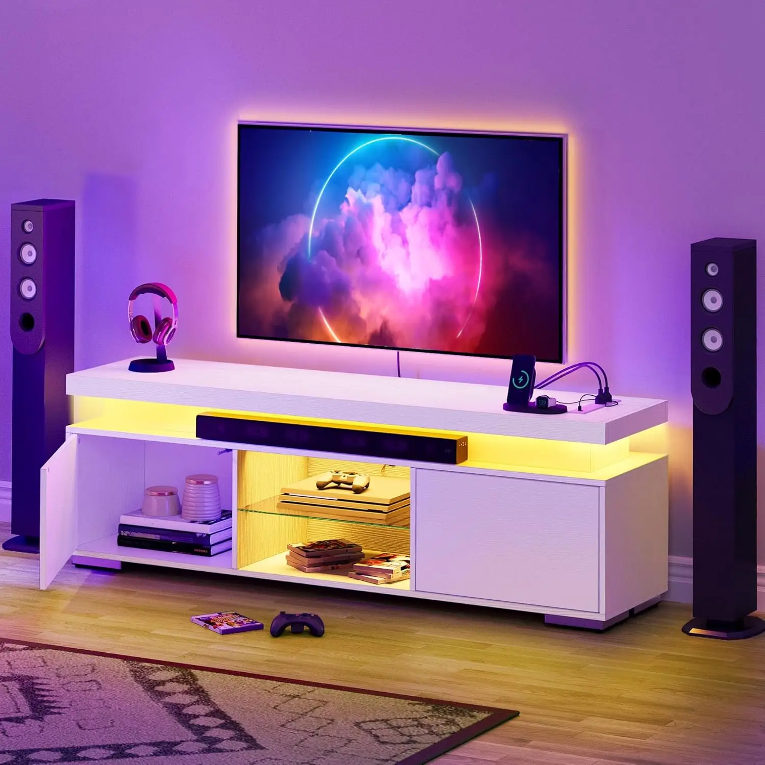 Подставка для телевизора YITAHOME с RGB-подсветкой, 4 розетки питания переменного тока, достаточное пространство для хранения, прочная конструкция, легкая сборка, белая