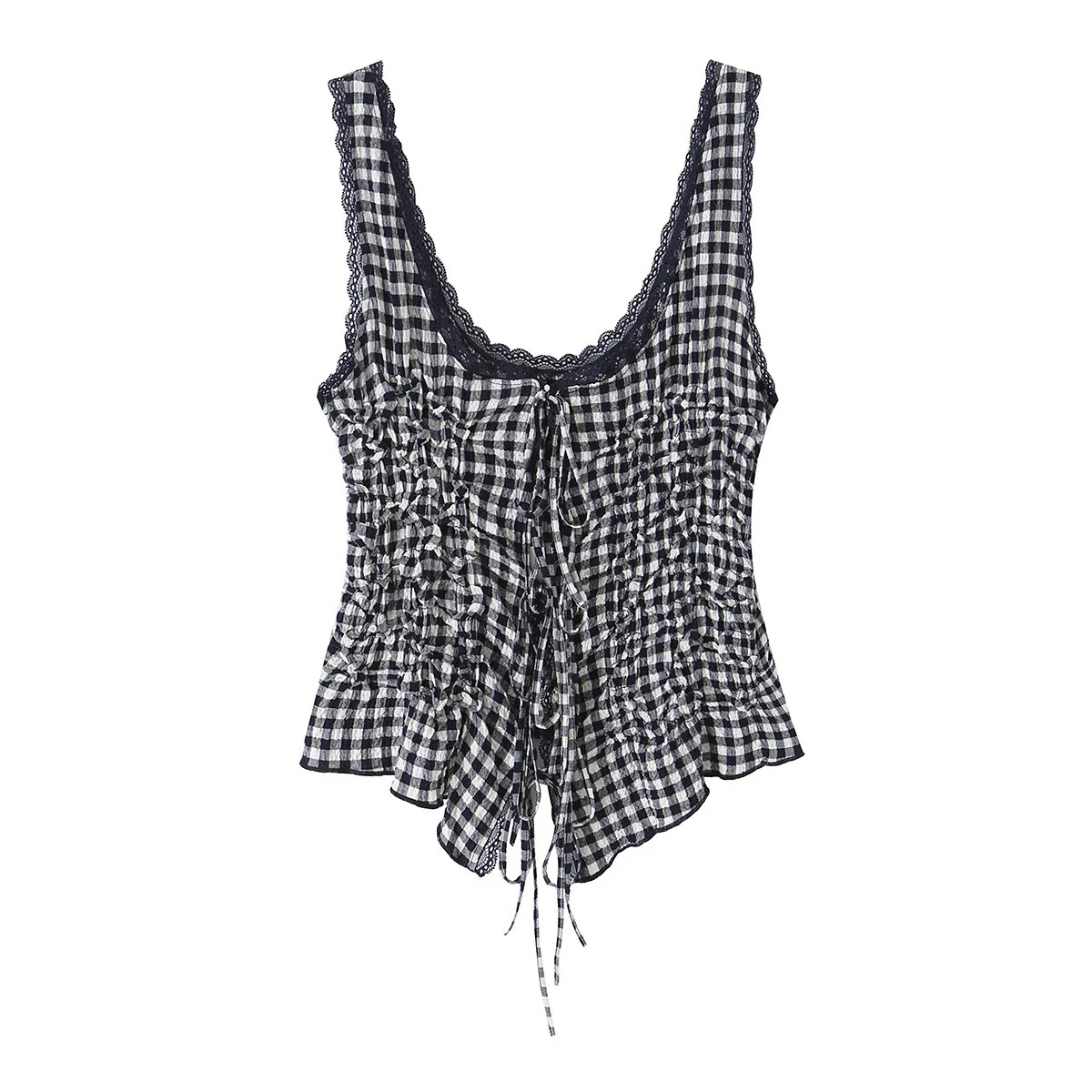Women Black White Plaid Cross Lacing Up Bow Front Elastic Ruched Tank Tops Spliced Lace O neck Fold Slim Fit Crop Top Sexy