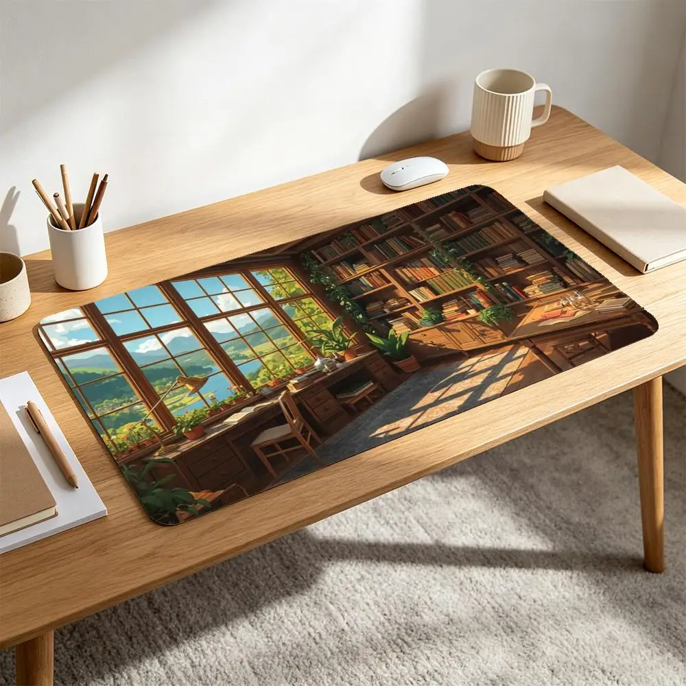 Sunlit Mountain Library Large Mouse Pad Plants Non Slip Rubber Desk Pad Gaming Keyboard Desk Mat For Table Decor Gift