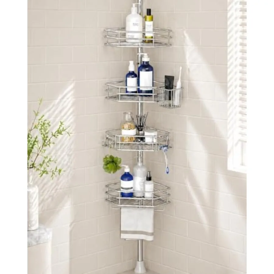 

Corner Shower Caddy Tension Pole, Quick Setup, Rust-Free Bathroom Shower Organizer Corner for Bathtub Shampoo Storage, 4-Tier A
