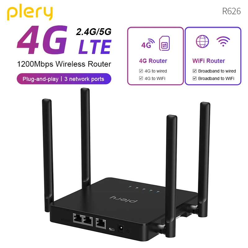 PLERY WiFi5 4G LTE WIFI Router 300Mbps 4 x Antennas Power Signal Booster Hotspot Smoother Wired Connection Intelligent Micro SIM
