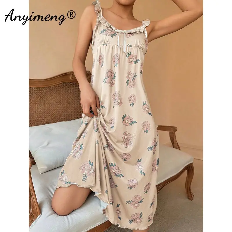 Ruffle Dress Elegant Floral Homedress Chic Slim Gowns Lady Lingerie Gorgeous Women Nightgowns Summer Fashion Retro Nightdress