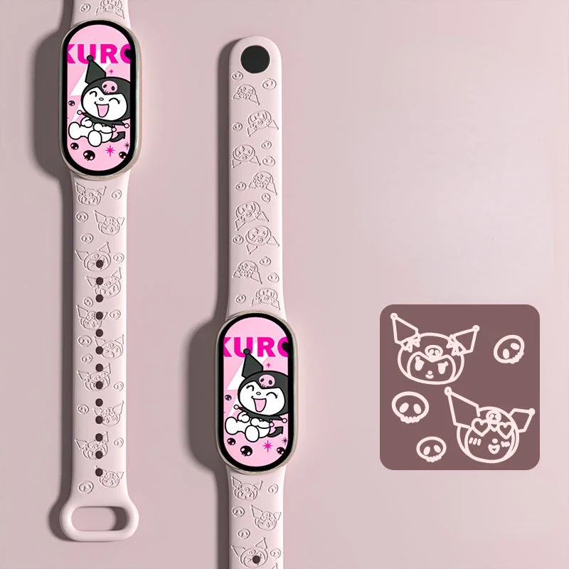 Sanrio Kuromi Silicone Strap for Mi Band Mi3 Mi4 Mi5 Mi6 Mi7 Mi8 Xiaomi Embossed Cartoon Anime Kawaii Replacement Sports Strap