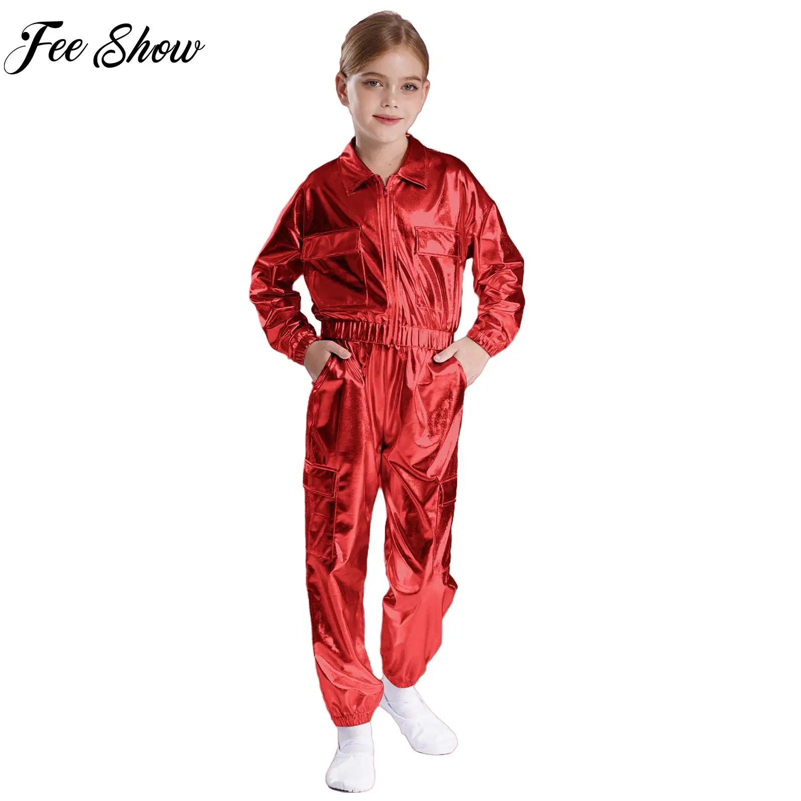 

Kids Hip-Hop Jazz Dance Outfit Boy Girl Street Dancing Performance Costume Suit Long Sleeve Metallic Outwear with Shiny Pant Set
