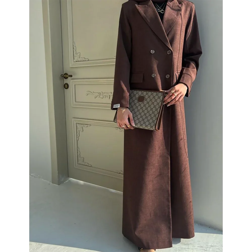 Brown Women Long Jacket Slim Double Breasted Female Daily Coat Formal Ankle Length Dress Only 1 Piece