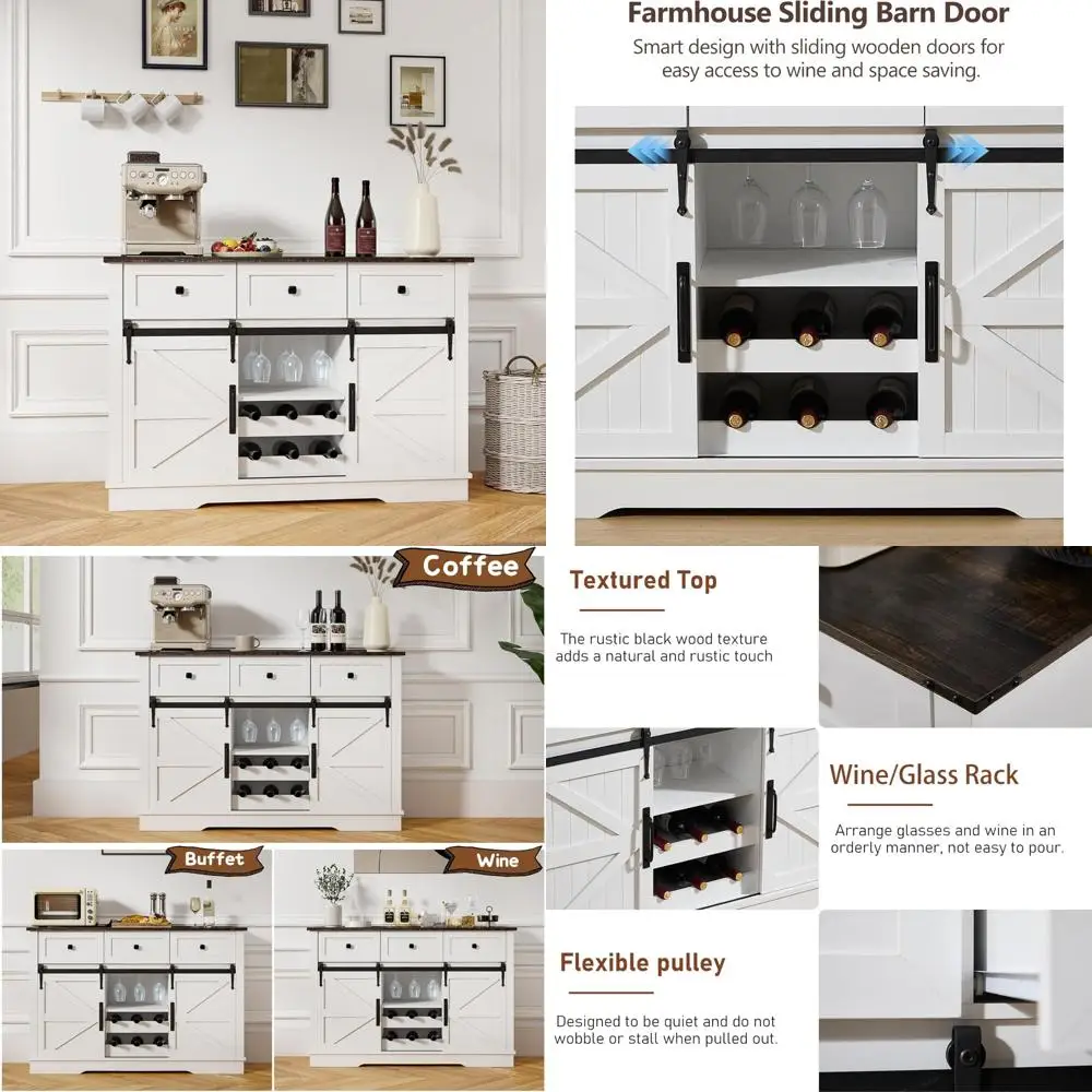 خزانة بوفيه واسعة 54 باللون الأبيض الريفي مع أبواب حظيرة منزلقة لتخزين النبيذ في المزرعة وبار القهوة #1