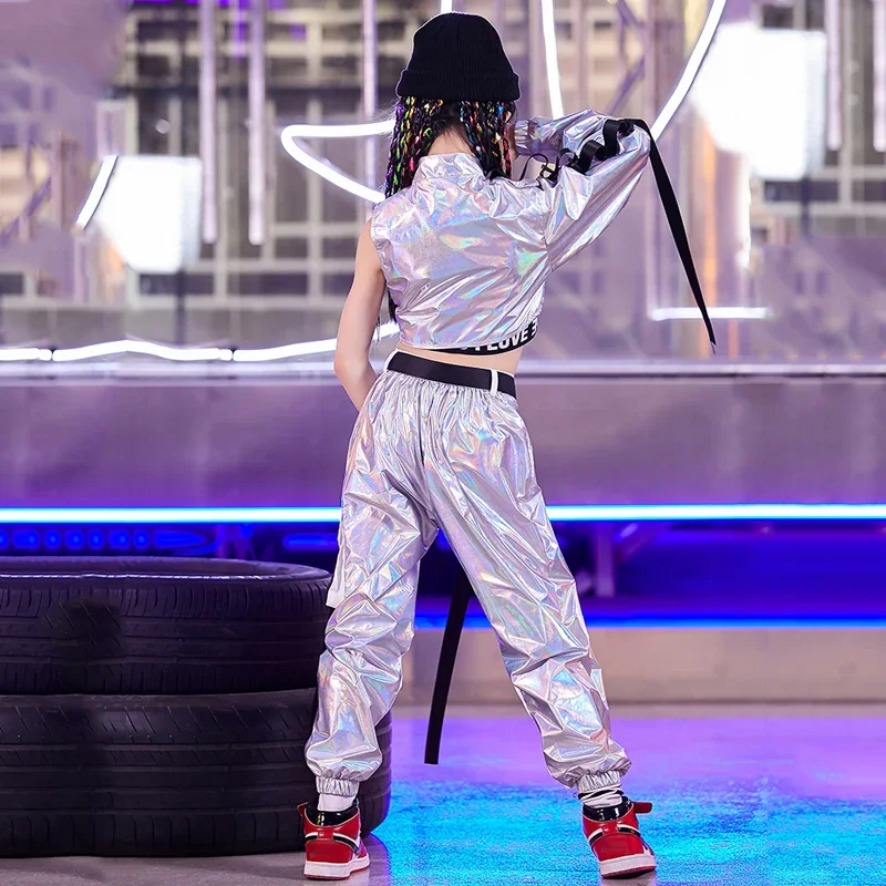 Fashion Silver Hip Hop Clothes For Girls Street Dance Suit Jazz Tops Loose Pants Stage Costume Ballroom Rave Performance Outfit