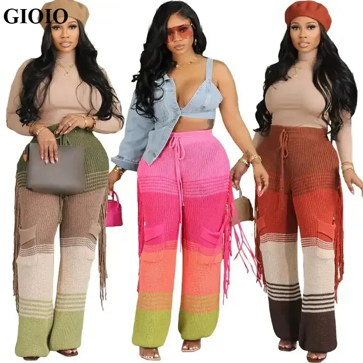 GIOIO 2024 winter trendy women contrast color loose knit pants