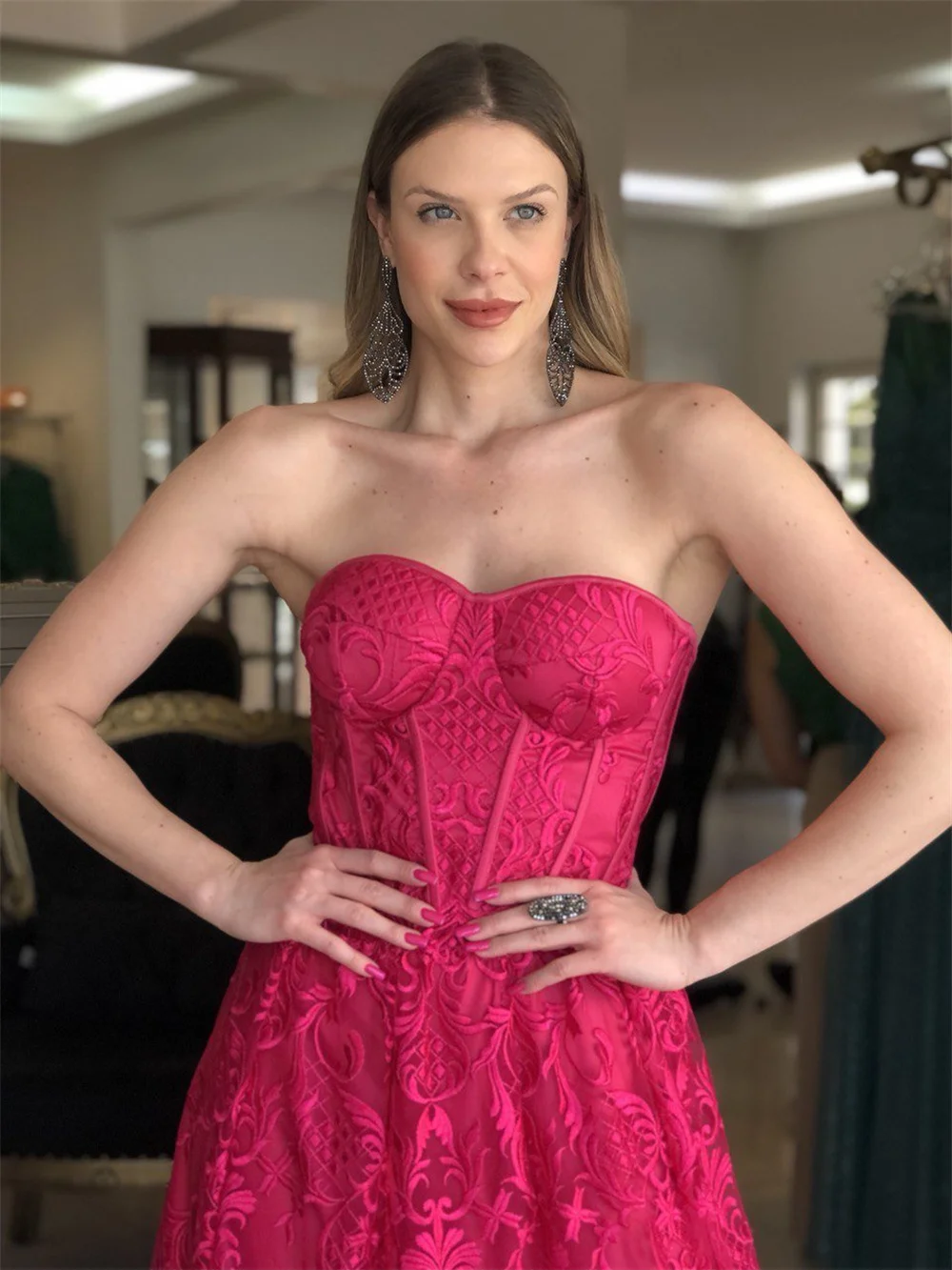 Sansa Sexy Strapless Prom Dress Luxury Lace Embroid A-line Vestidos De Noche Fuchsia Floor Lenght فساتين سهره فاخره  2023