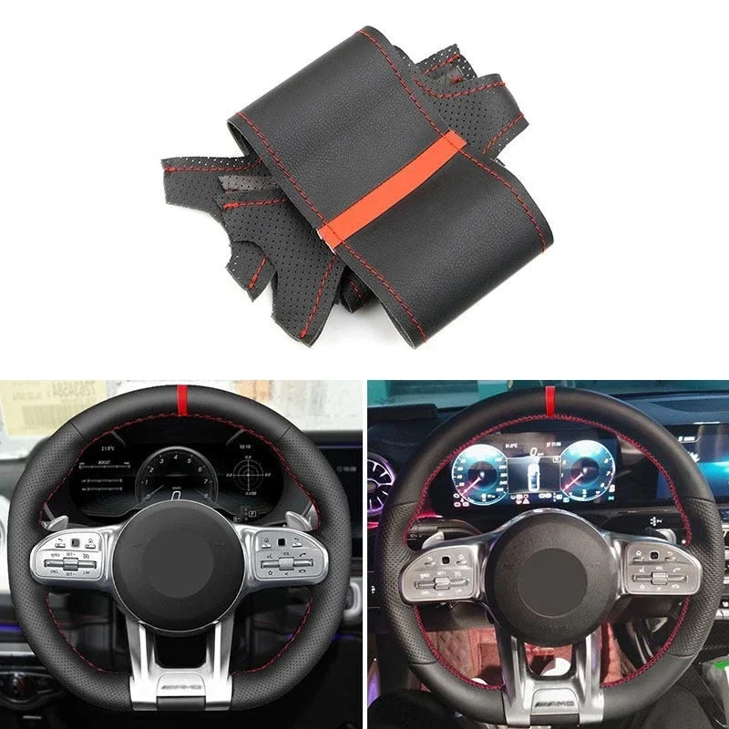 DIY For Mercedes AMG GT C190 R190 2019-21 Black+Red Leather Steering Wheel Cover