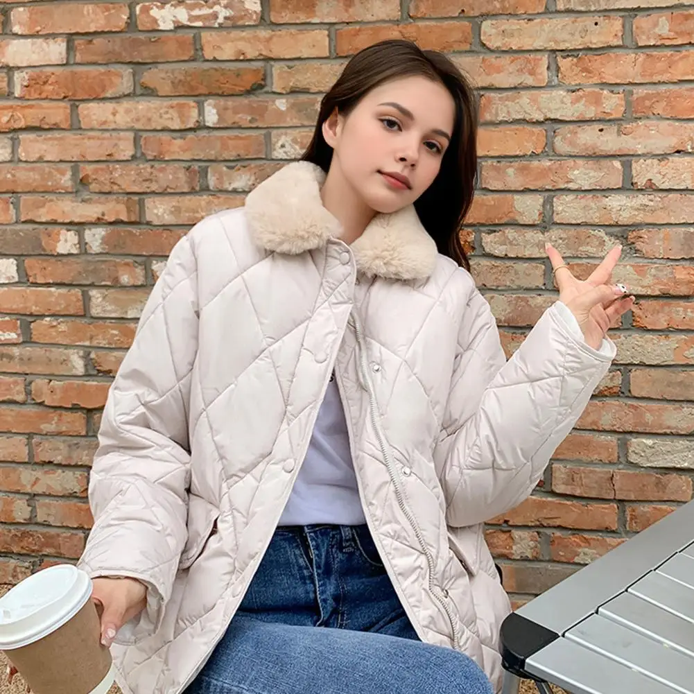 Manteau d'hiver en coton pour femme, col rabattu en peluche, veste coupe-vent à manches longues, pardessus rembourré épais à simple boutonnage