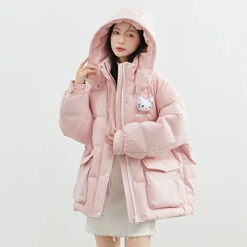 Kawaii Sanrio Hello Kitty Anime Women\'s Down Jacket Winter Thickened Cotton Coat Loose Sports Student Warm Jacket Hooded Top