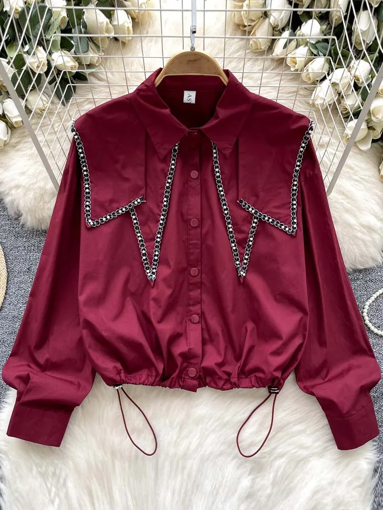 Crop-Shirt mit unregelmäßigem Kragen für Damen, 2025, Frühling, Sommer, langärmelig, verstellbare Taille, Bluse, Übergröße, Perlen-Tops INKEO 5T055