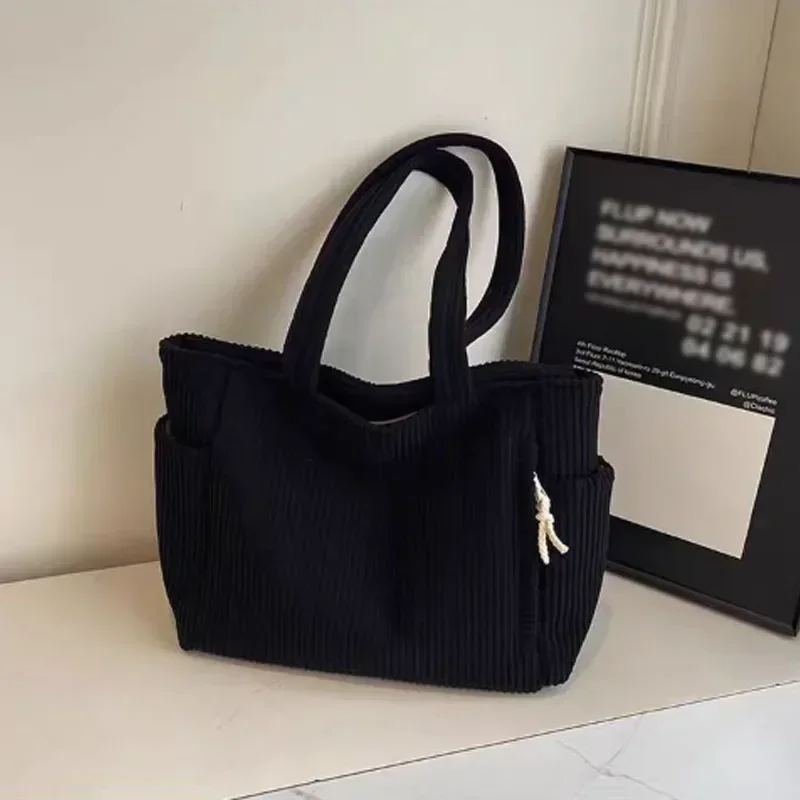 Casual Corduroy Handbag with Zipper Closure Light and Large Capacity Fixed Shoulder Strap Solid Color Daily Commuter Handbag