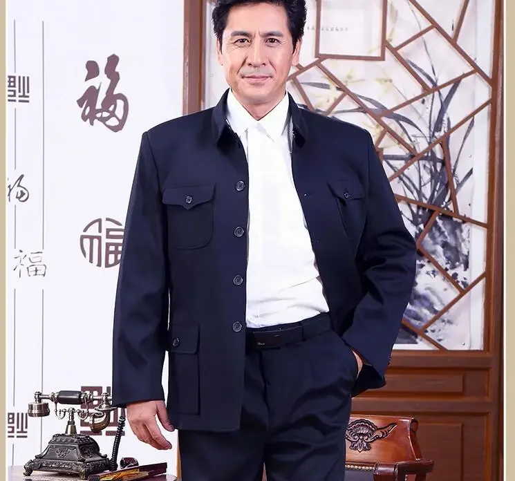 Chinese Zhongshan Jacket Men Vintage Coat Spring Elderly Blazer Improve Loose