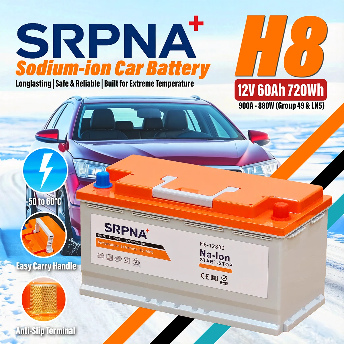 H8 (Group 49 & LN5) Sodium Ion Battery | 12V | 60Ah | 720Wh | 900A | 880W | Stable Operation from -50 to 80°C | No Fire, Safe