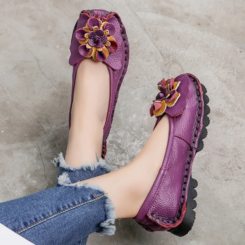 Vintage Handmade Folk Style Women Casual Shallow Shoes Genuine Leather Lady Soft Bottom Flats for Mother Fashion Loafers Summer