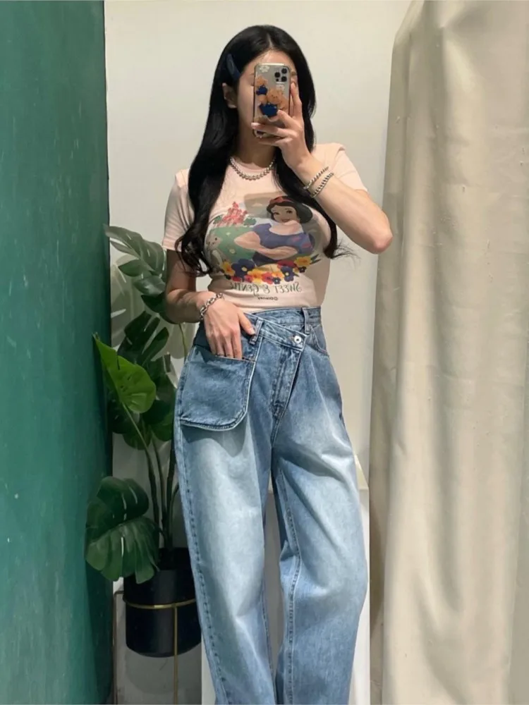 Jeans Spring Summer Irregular High Waist Patchwork Modis Long Straight Pant Women Loose Pleated Ladies Trousers Korea Woman Pant