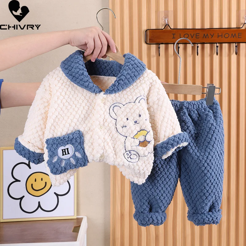 

New Kids Winter Cute Cartoon Bear Clothing Sets Baby Boys Fashion Thicken Warm Lapel Fleece Pajamas Casual Sleepwear Pyjamas